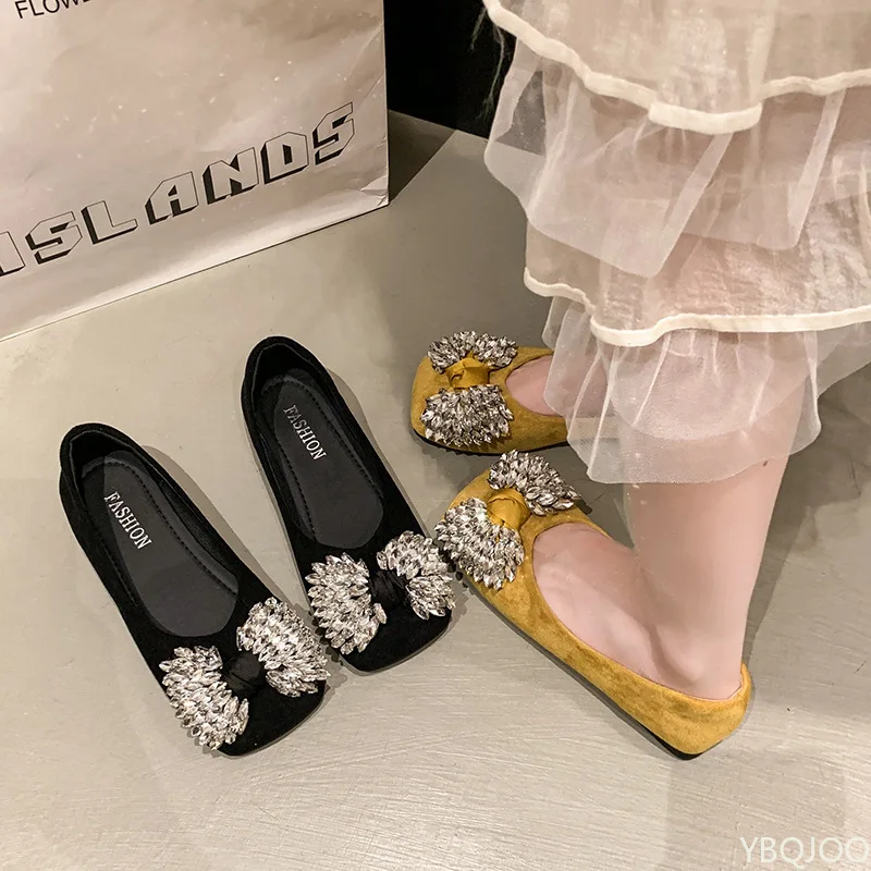 Summer New Casual  Single Shoes with Water Diamond Bow Gentle Ladies' Square Head Non Tiring Feet Single Shoes for Women