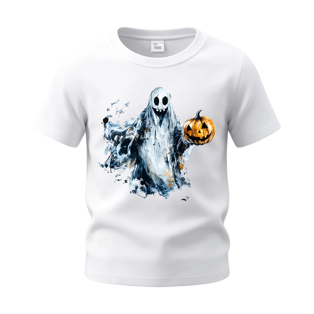 Ghost Holding Pumpkin Basic Daily Cotton Shirts T‑Shirt Short Sleeve Soft Halloween Tops Tees for Boys Girls Children Kids