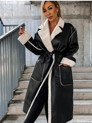 Women Faux Leather Turndown Collar Belt PU Overcoat 2023 Warm Loose Long Sleeve Female  Jacket Cool Lady Elegant Pocket Coat