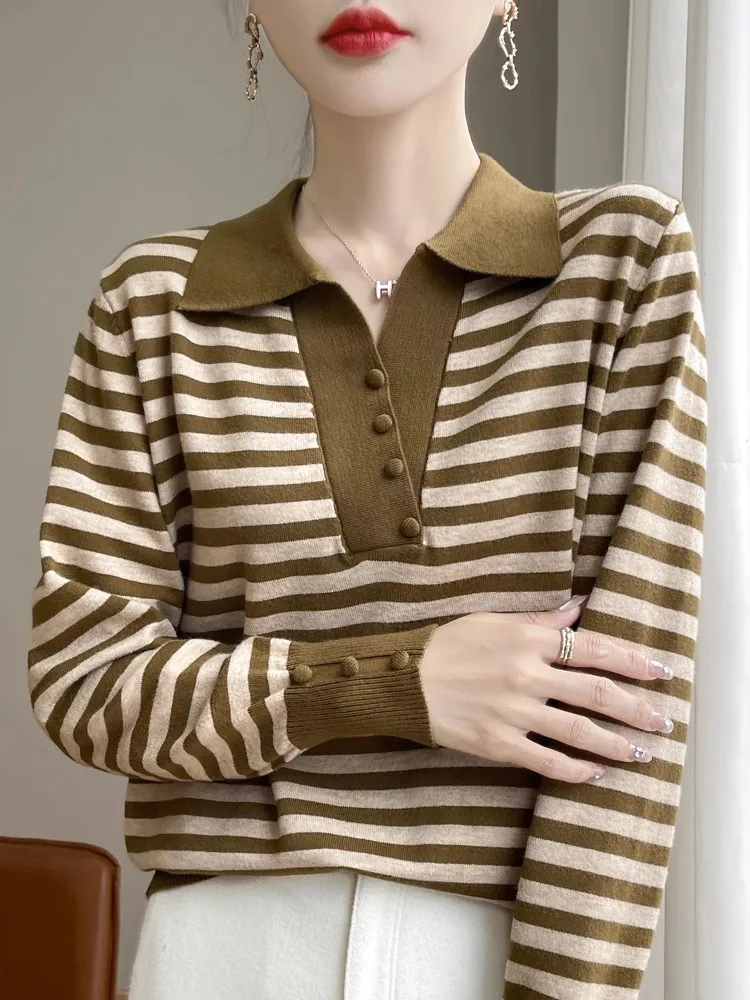 Sweater rajutan wanita lengan panjang longgar motif garis kerah tinggi, model baru musim gugur, luaran, atasan, kaos, lapisan dasar musim semi