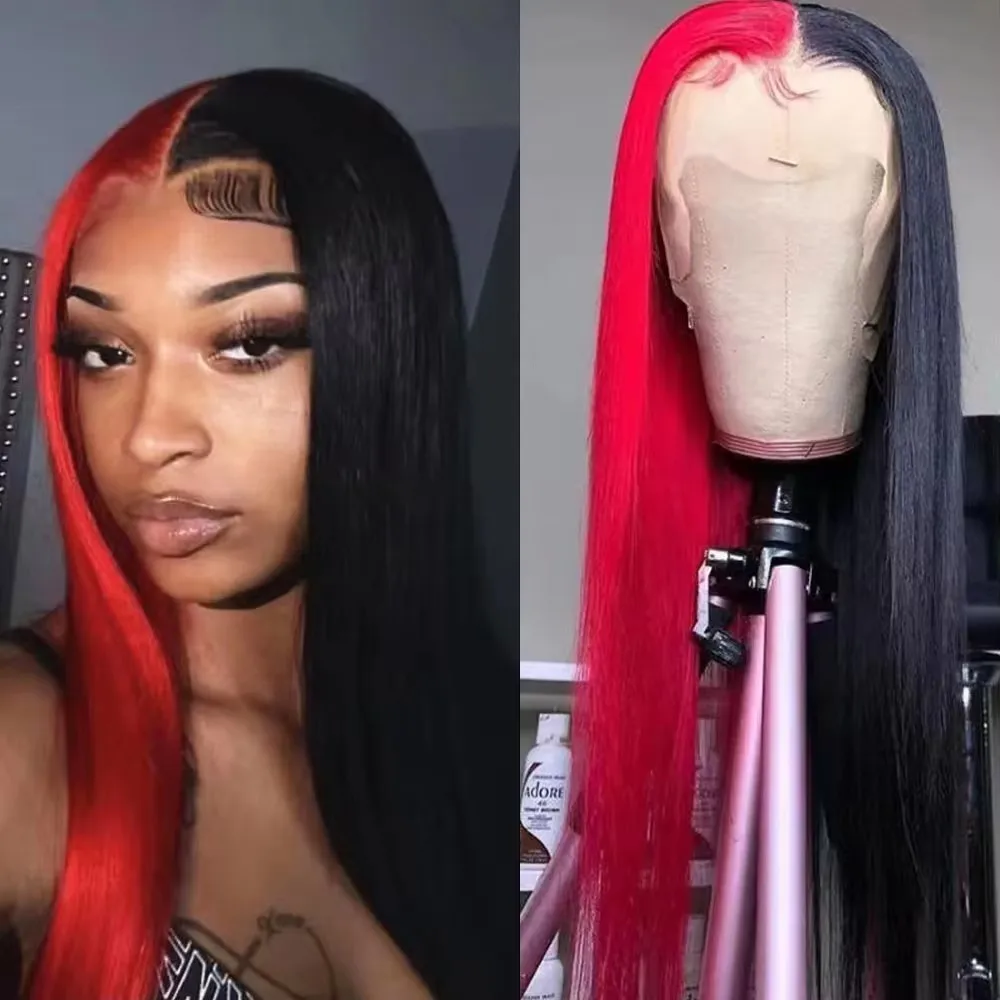 QW Synthetic Hair Straight Half Red Half Black Lace Front Wig for Women Wigs Glueless Heat Resistant Fiber Party Cosplay