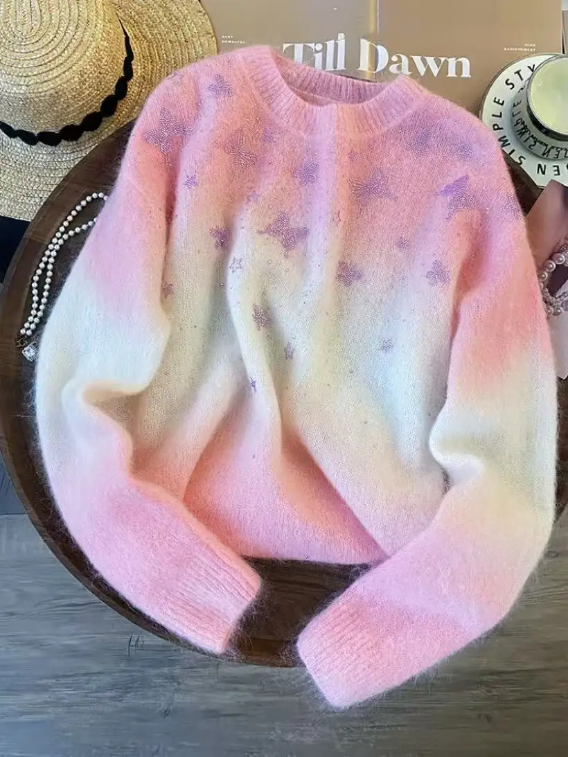 

Gradient Pink Sweater for Women's Autumn Winter Sweaters New Trend Round Neck Knitwear Top Long Sleeev Knitted Pullovers Jumpers