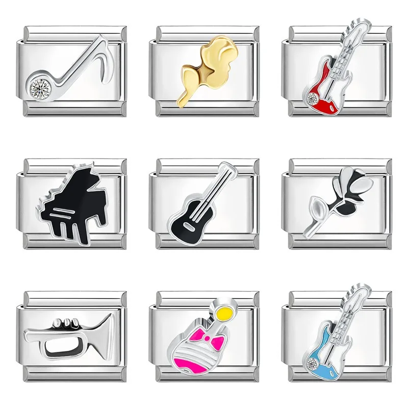 New Fashion Guitar Piano Trumpet Musical Note Rose Italian Charm Links Stainless Steel Fit 9mm Bracelet DIY Making Jewelry Gifts