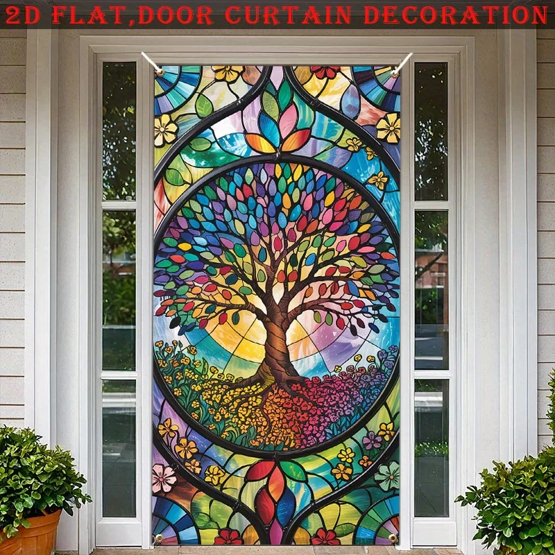 Colorful Tree of Life Door Banner Stained Glass Style Polyester Door Cover Wall Hanging for Home Entrance Living Room