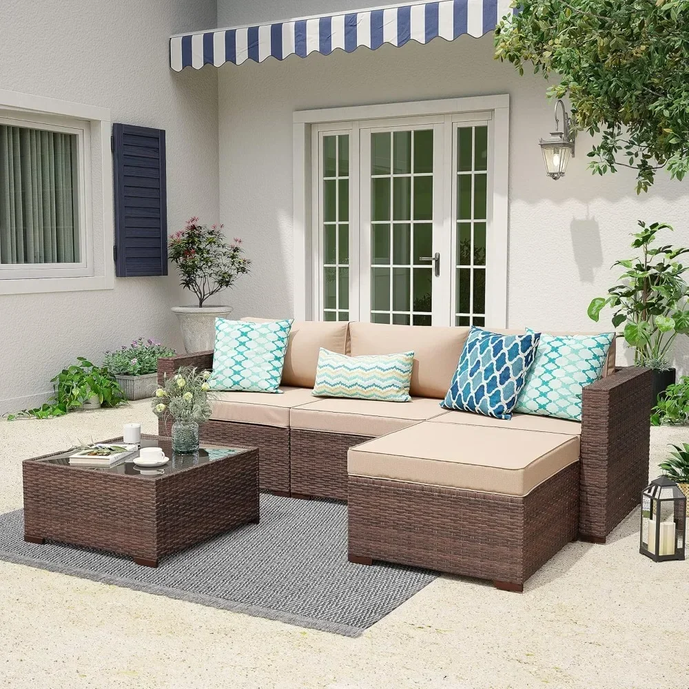 Outdoor Patio Furniture Set, 5pc PE Wicker Rattan Sectional Furniture Set with Cushions and Coffee Table