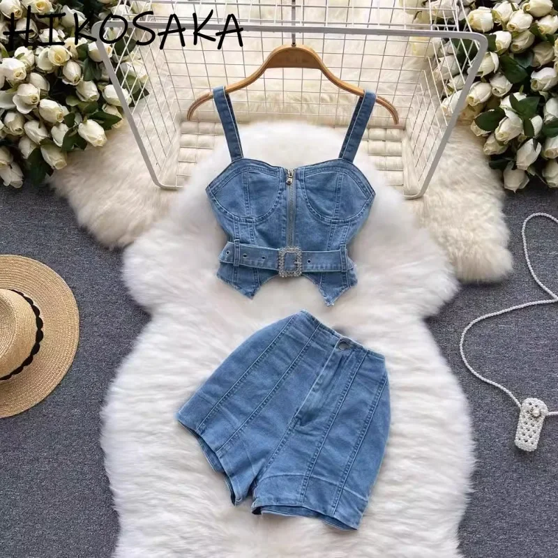 Denim Suspender Zipper Belt Camisole Vest Spice Girl Crop Top Summer High Waist Skinny Shorts Two-piece Sets Chic Women Suit