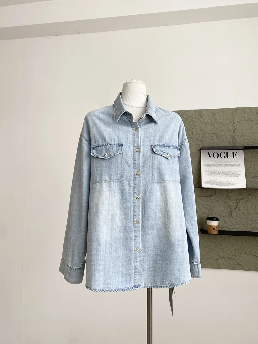 

Весна 2026: Модная универсальная женская джинсовая рубашка свободного кроя в корейском стиле, с эффектом похудения, с длинным рукавом, из полиэфирного волокна, с воротником