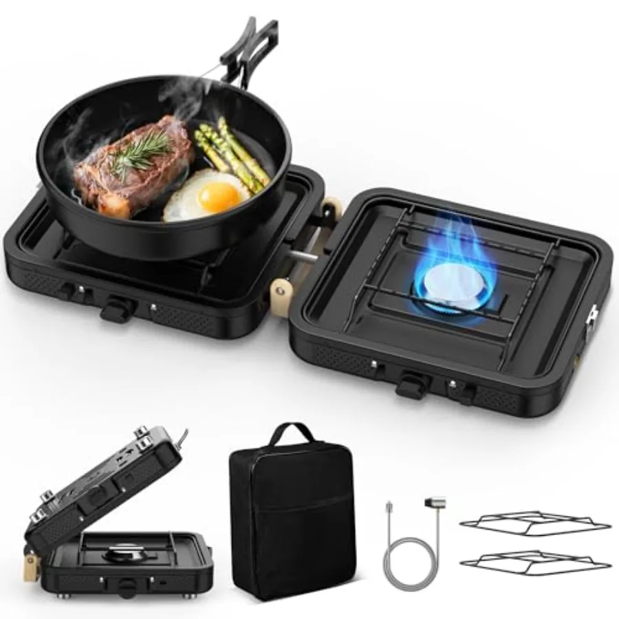 

Двухконфорочная складная газовая плита для кемпинга с сумкой для переноски, регулируемой мощностью пламени, пьезоподжигом и мгновенным розжигом для использования на улице