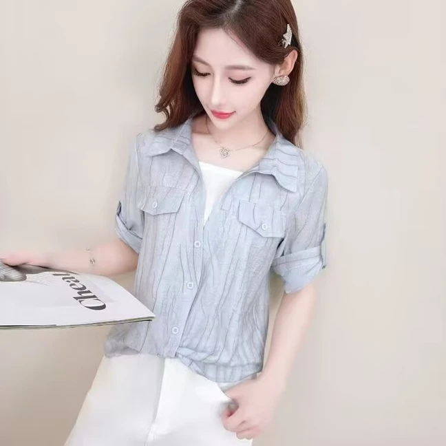 

Весенняя модная рубашка со средними рукавами, женская искусственная рубашка из двух предметов, однотонный повседневный универсальный топ