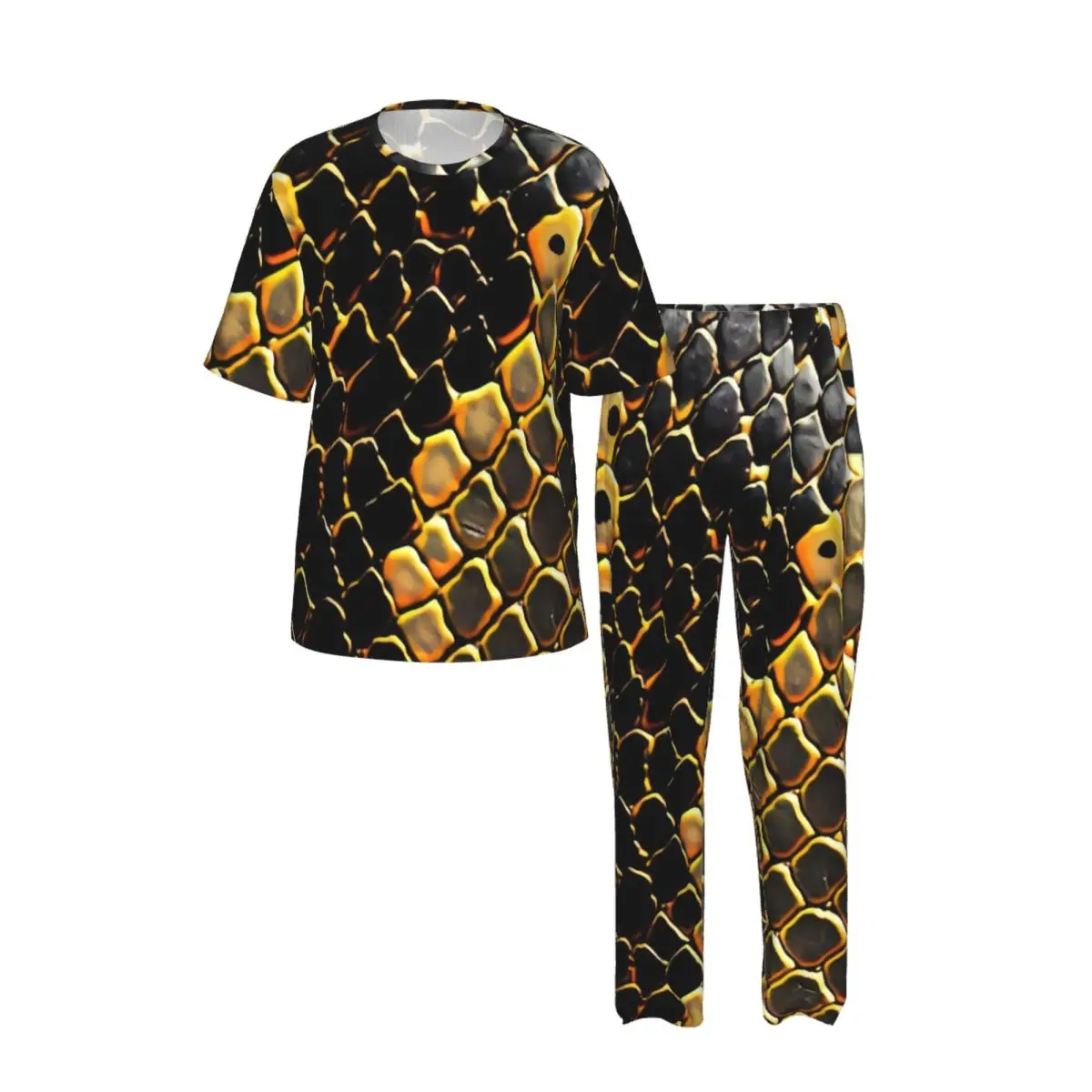 Men's Pajamas Set Summer Short-Sleeve Tops + Long Pants Nightwear Home Wear Suits Snake Scale Pattern Sleepwear