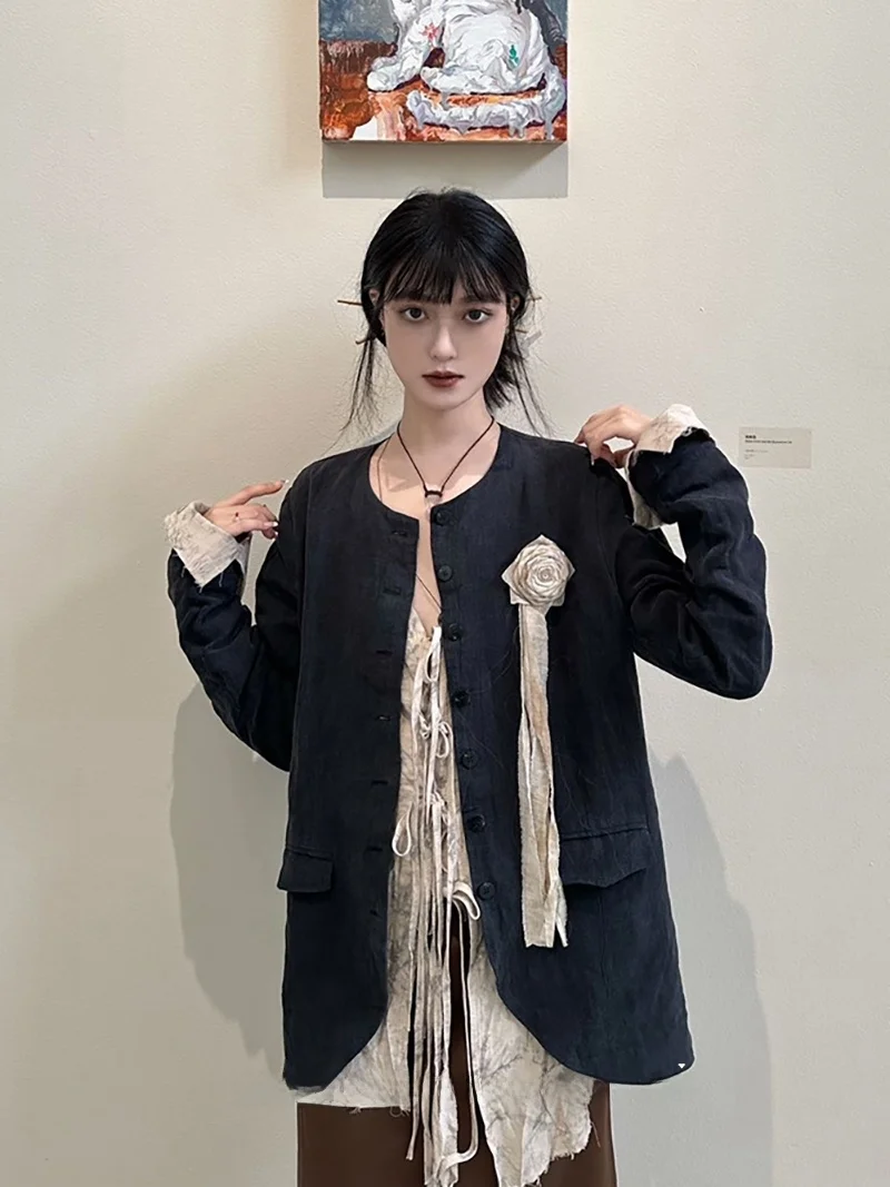 

New Chinese Sle Worn out Cotton Linen Loose Women's Cardigan Handmade Chilled Set Mountain Top Coat Commute Casual Daily