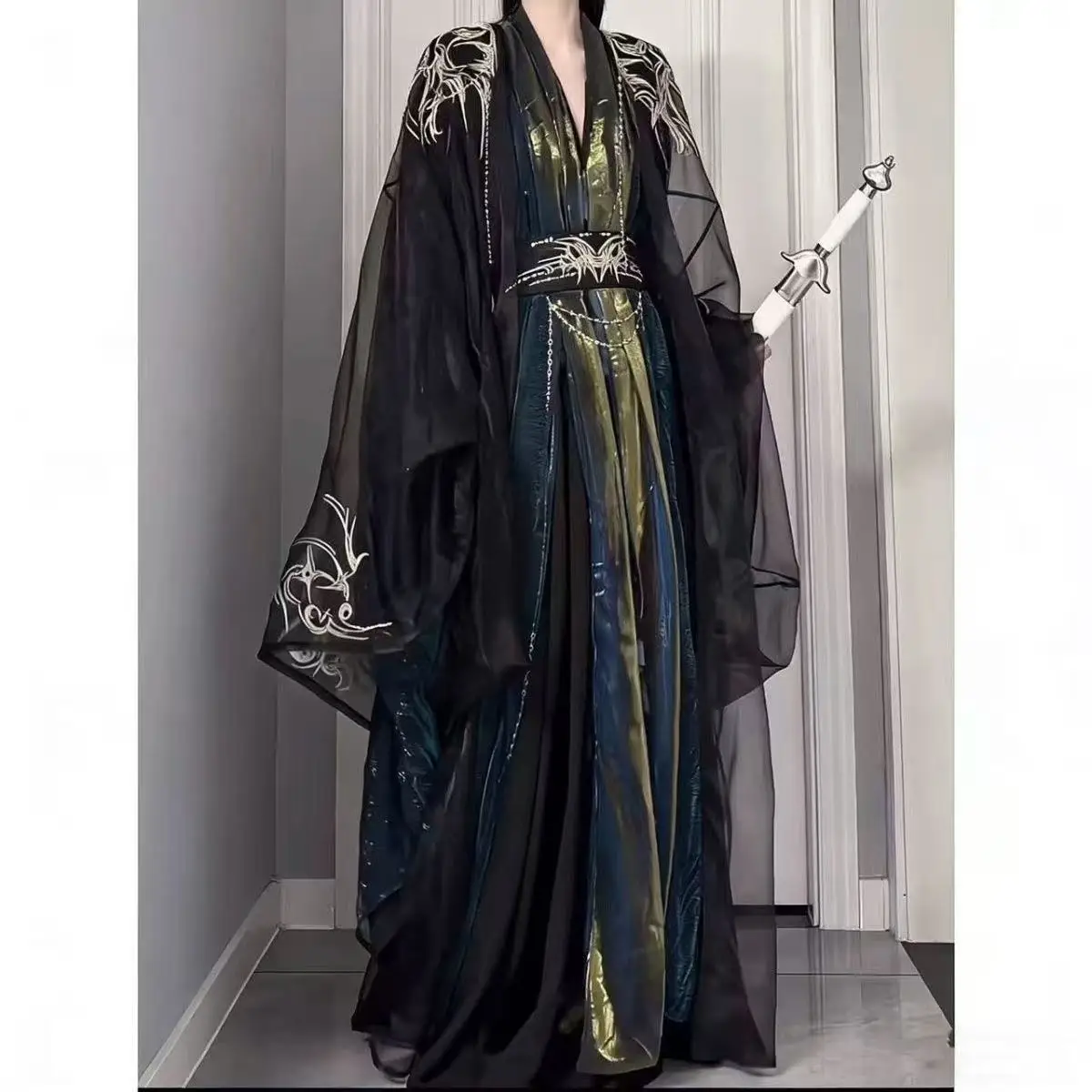 Black Blue Hanfu Men Women Traditional Chinese Woven Clothing Wei And Jin Period Embroidered Stage Halloween Wuxia Cosplay Suit
