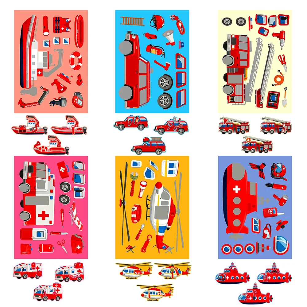6/12Sheets Red Transportation Decorative Puzzle Stickers PVC Material Children's Educational Toys Waterproof Party Gift Stickers