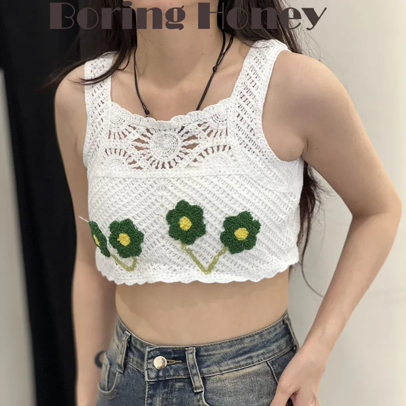 

Boring Honey Summer New Green Flower Embroidery Clothes For Women Round Collar Corset Tops Wavy-Edge Hollow Out Crop Tops Women