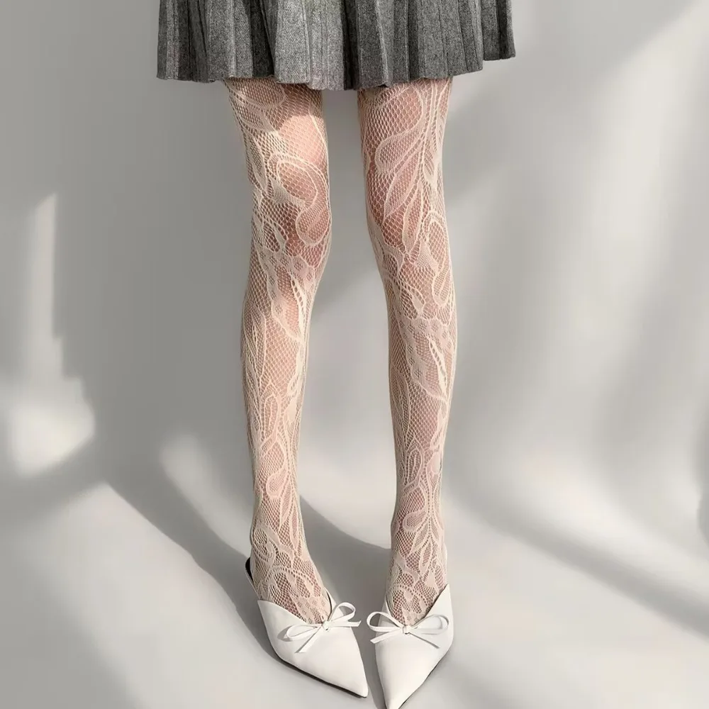 Sexy Floral Tights Sheer Hollow Jacquard Lace Fishnet Pantyhose Women Fashion Design Stretch Mesh Stockings Elastic Tights
