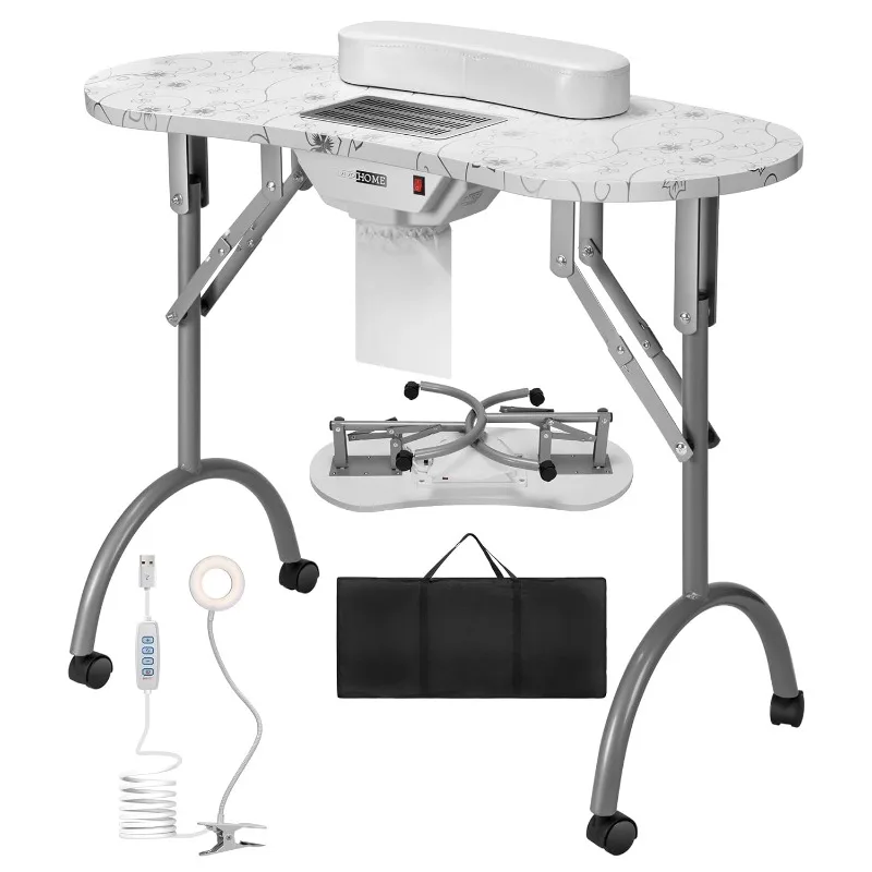 

Portable Manicure Nail Table on Wheels with Built-in Dust Collector, Updated USB-Plug LED Table Lamp, Carry Bag for Home Spa