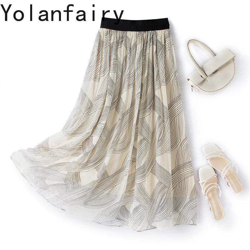 YOLANFAIRY Elegant 100% Real Mulberry Long Skirts for Women 2026 Summer Floral Skirt Elastic Waist Korean Fashion Woman Skirts