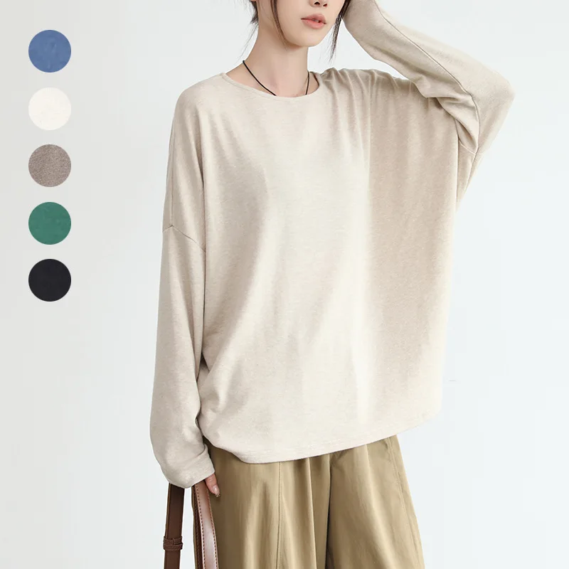 Japanese and Korean early autumn new women's T-shirt loose solid color round neck off-shoulder lazy casual long-sleeved top