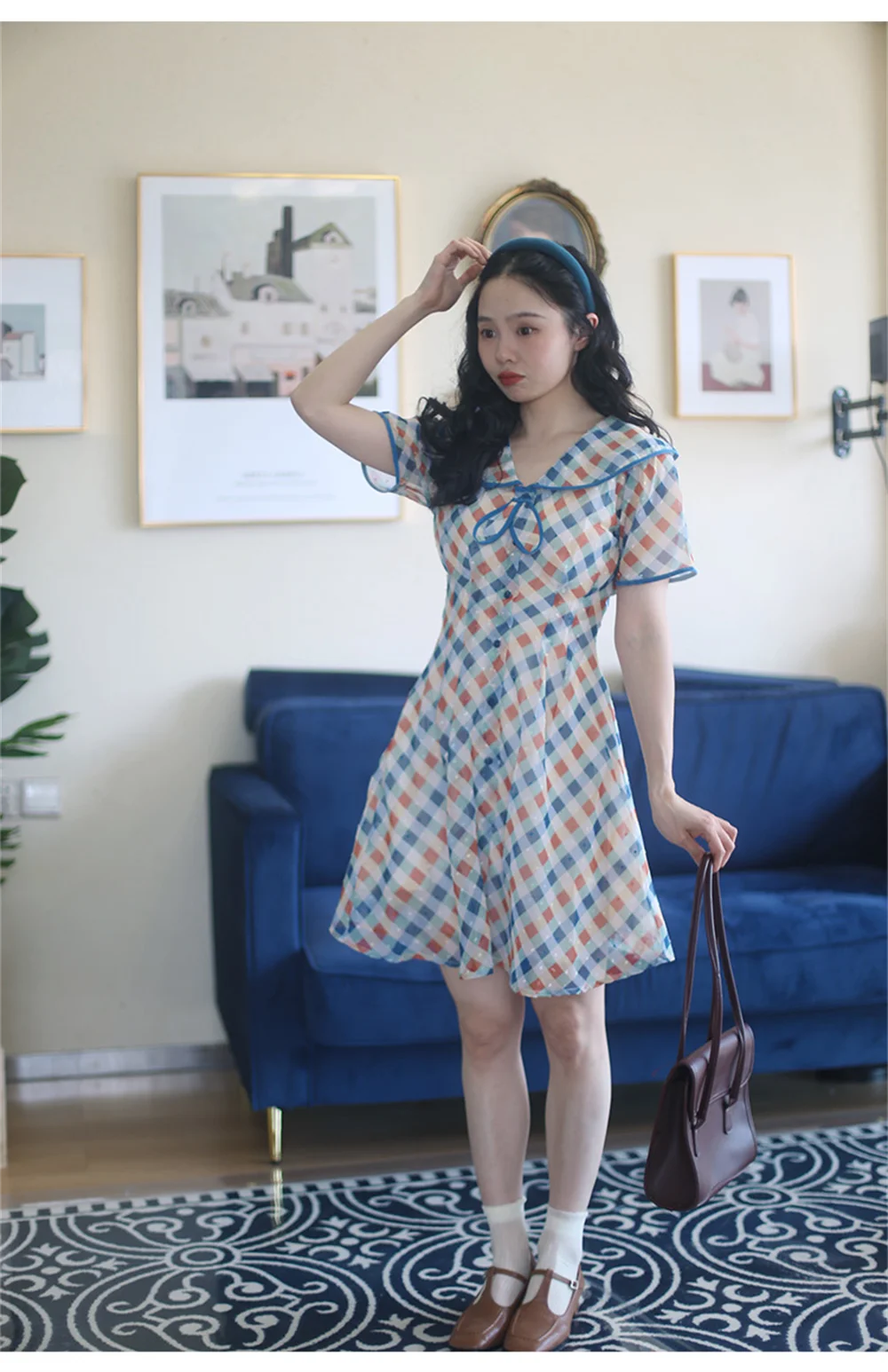 

2024 women's summer fashion new temperament sweet fresh print college color plaid dress women