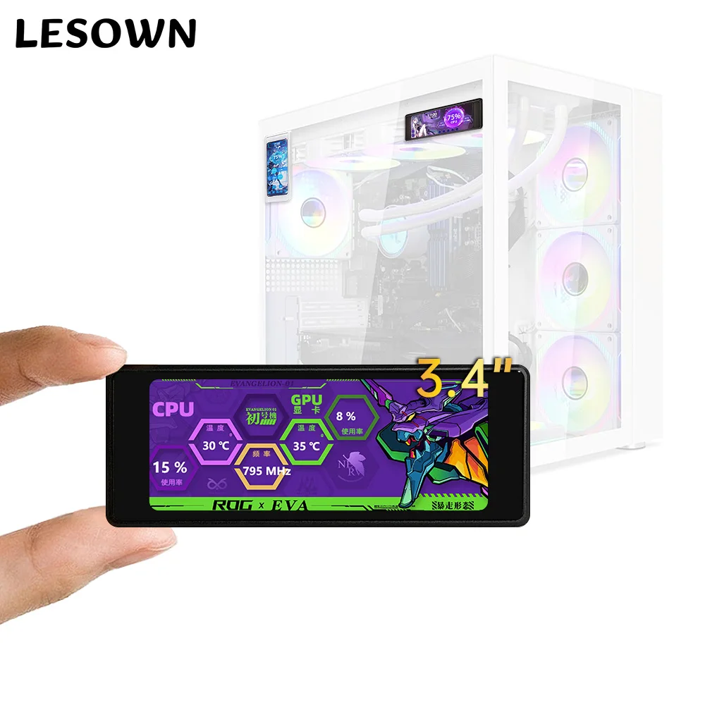 

Мини-монитор LESOWN 3,4 дюйма с удлиненным дисплеем 376x960 IPS LCD ARGB, сенсорная панель для ПК, дисплей температуры для ноутбуков и ПК