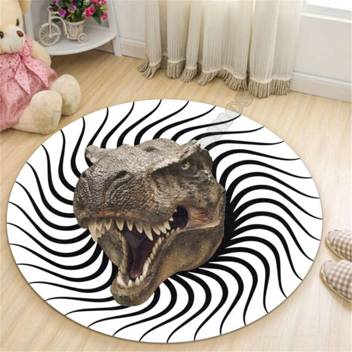 Alfombra redonda Premium con ilusión de dinosaurio, alfombra 3D, alfombra antideslizante para comedor, sala de estar, alfombra suave para dormitorio 01