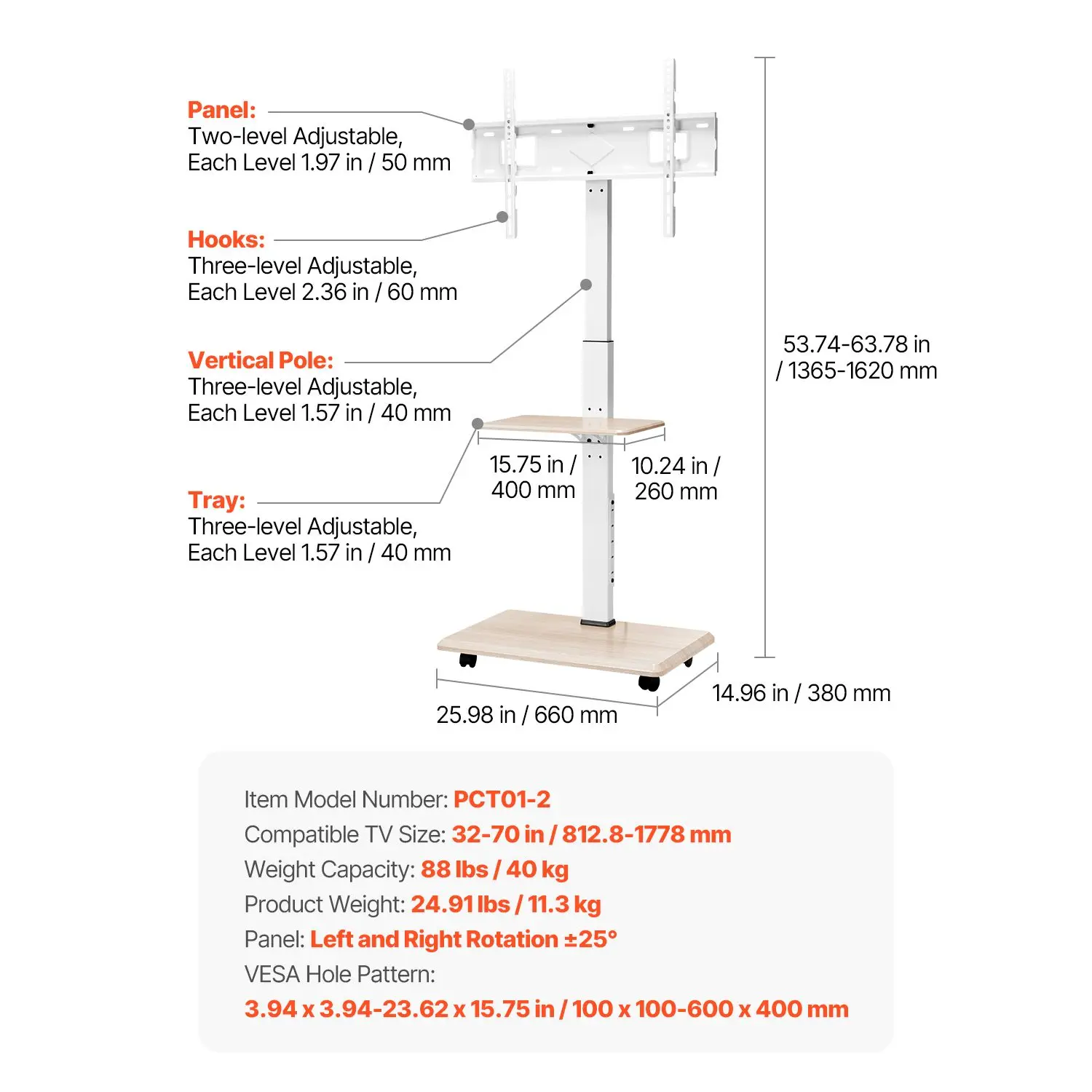 Rolling TV Stand, Mobile TV Cart for 32-70 Inch Screens, 25° Left-Right Rotation and Height Adjustable TV Mount with Tray, Holds up to 88 lbs for Corner, Bedroom, Outdoor, Max VESA 600x400mm