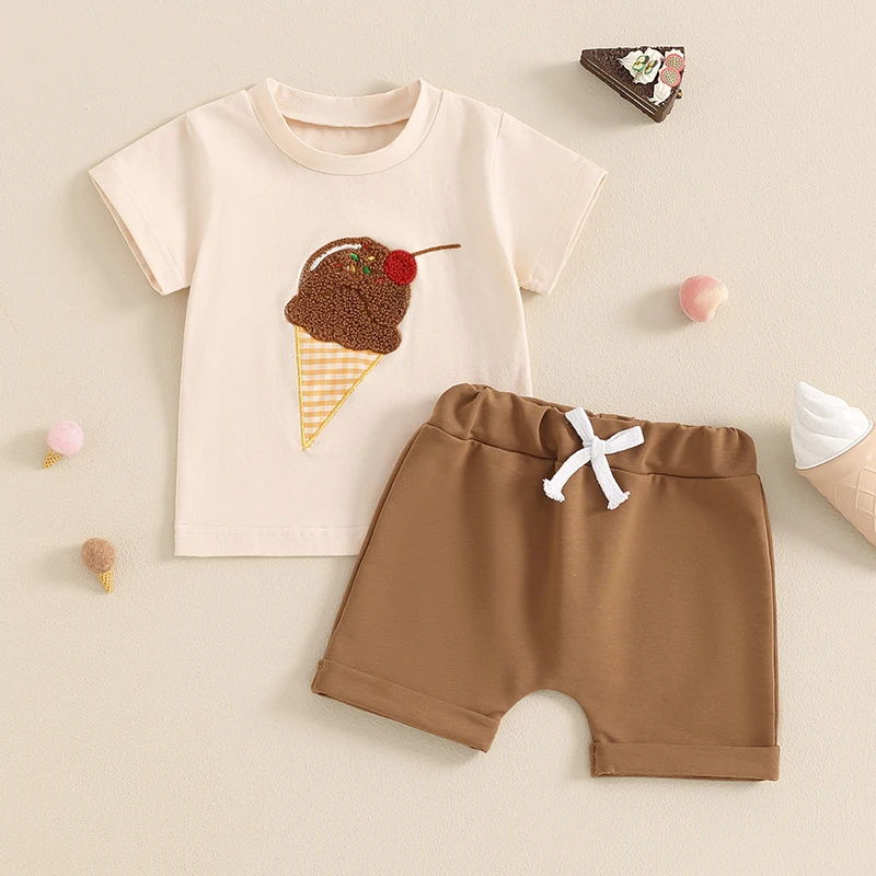 2024-04-16 Lioraitiin Toddler Baby Girl Boy Summer Outfits Ice Cream Embroidery Short Sleeve T-Shirt and Elastic Shorts Set