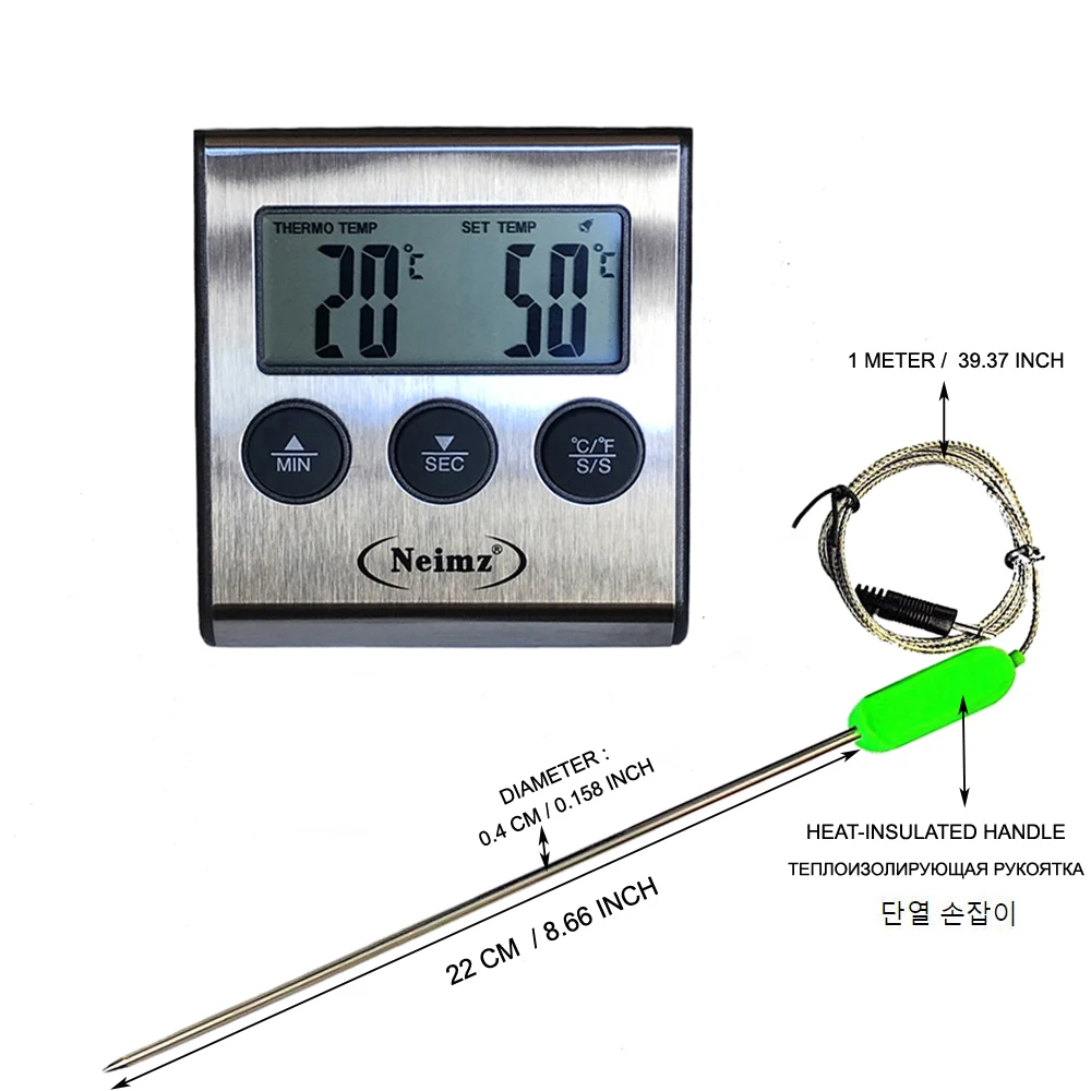 Digital BBQ Roast Meat Thermometer for Kitchen Oven Food Cooking with 22cm Long Temperature Sensor Probe for Milk Sugar Liquid