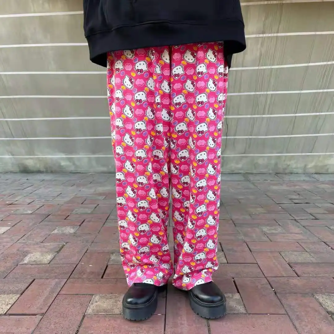 Sanrio Hello Kitty Full Print Cute Casual Pants Spring Autumn Loose Wide Leg Plush Pants Korean Style New Trend Versatile Pants