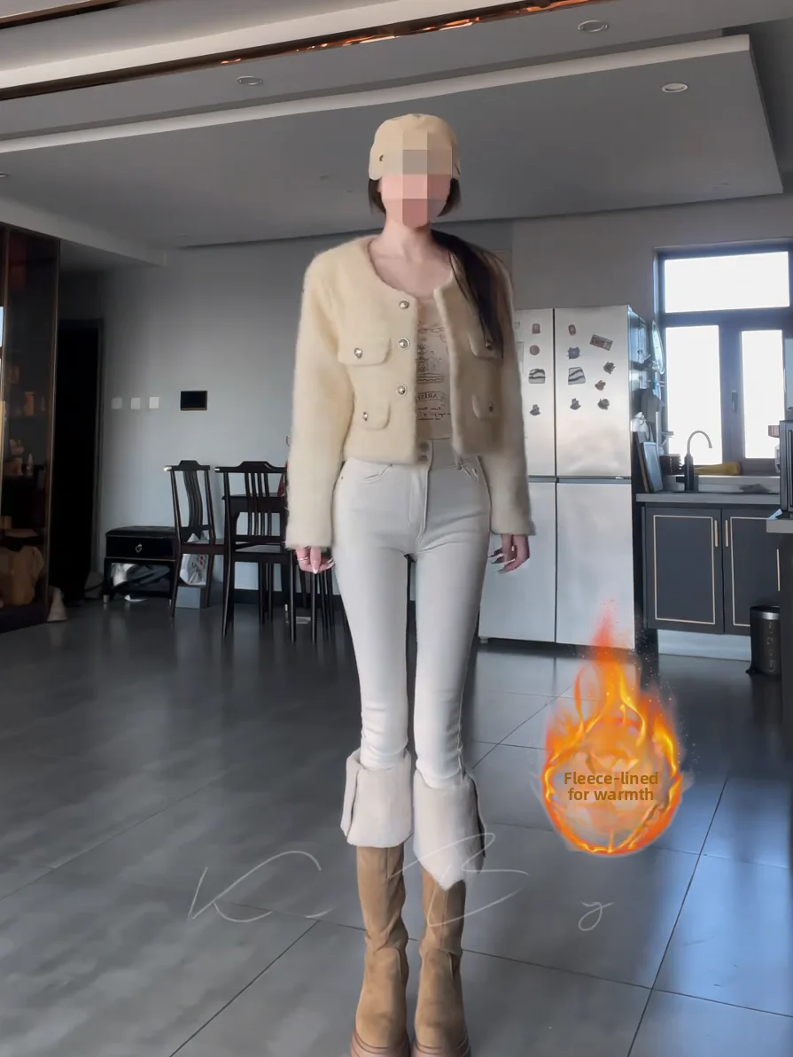 

Женские осенне-зимние джинсы с высокой талией, утягивающие, с эффектом пуш-ап, с подкладкой из искусственного меха, с заниженной проймой, корейский стиль, из эластичного хлопкового денима