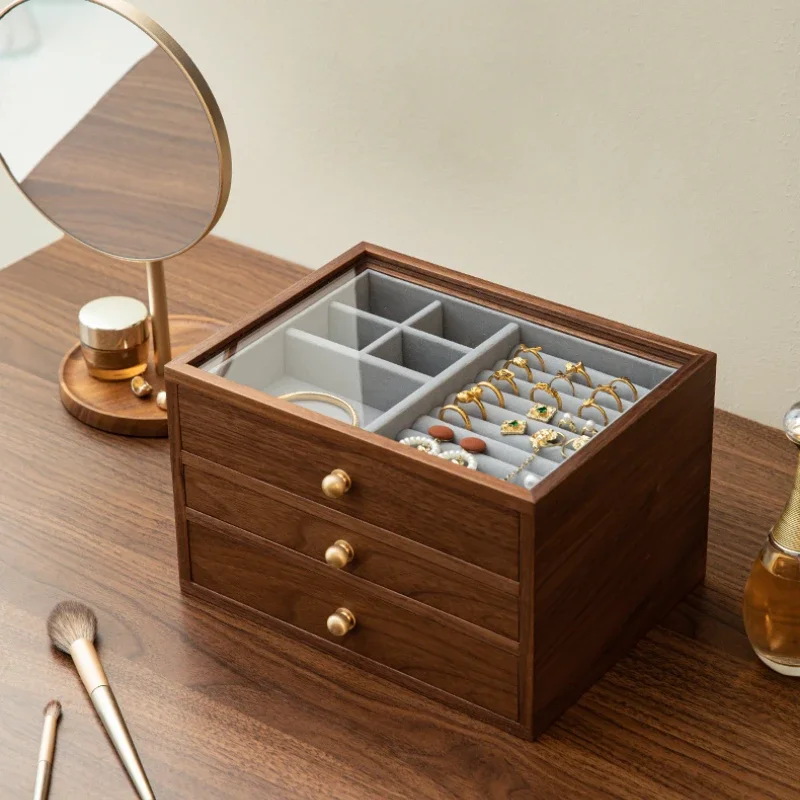 Retro Multi-Layer Storage Box Premium Wooden Jewelry Case Partitioned Storage Drawer Space-Saving Earring Necklace Display Rack
