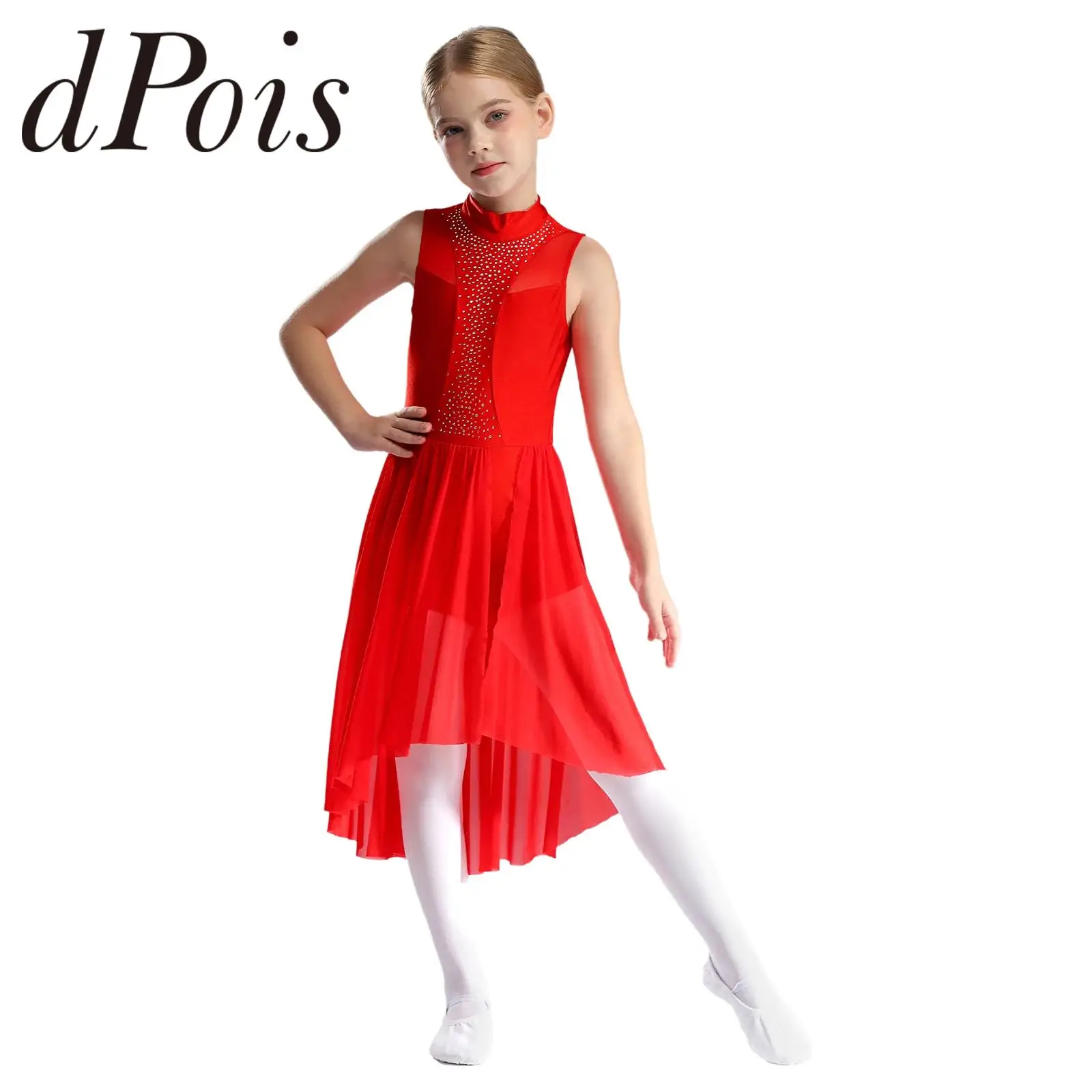 Girls Ballet Dress Rhinestone Gymnastics Figure Skating Costume Kids Ice Skating Dancewear Mesh Skirt Lyrical Dancing Costume