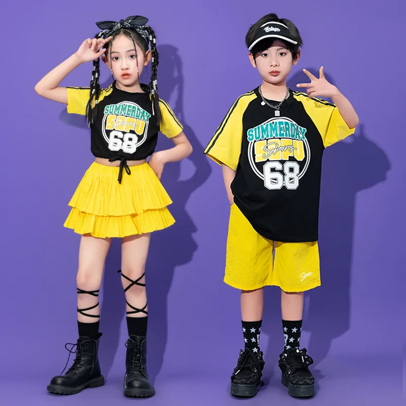 Costume de danse Hip Hop pour enfants, jaune et rouge, tenues de scène Kpop Hiphop pour filles et garçons, vêtements de spectacle de Jazz Rave