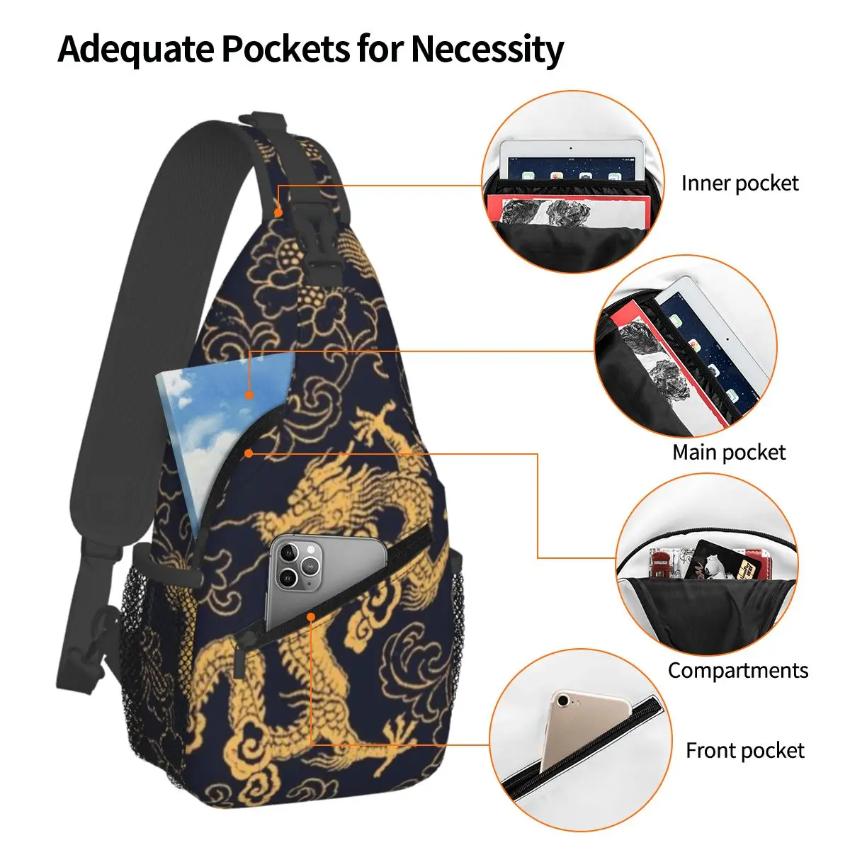 Chinese Traditional Golden Dragon Chest Bag Men Sling Crossbody Backpack Chest Bag Traveling Hiking Daypack Shoulder Bag