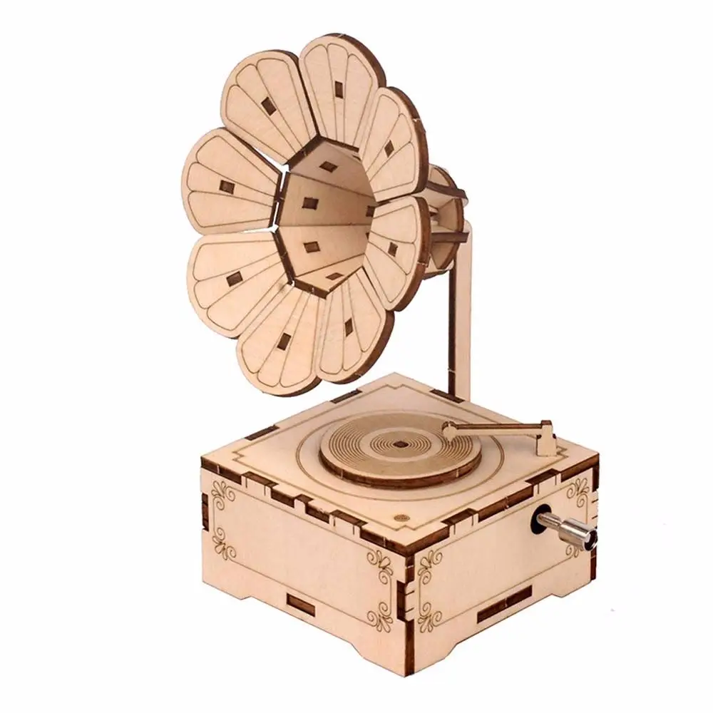 Fai da te intaglio fatto a mano carillon audio kit fonografo fai da te giocattoli puzzle in legno modello grammofono puzzle 3D assemblaggio giocattolo