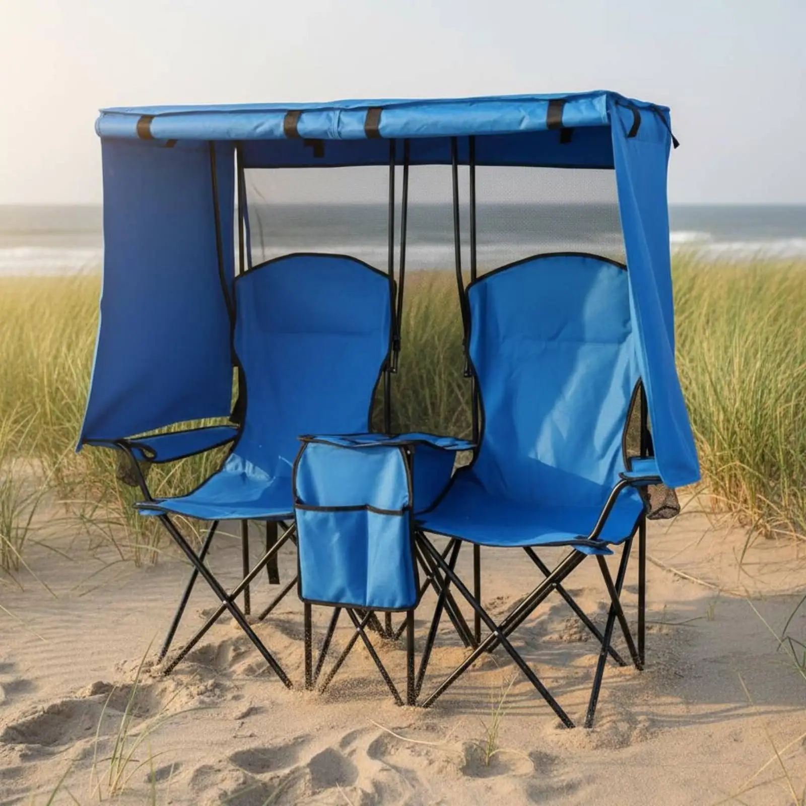 Portable Double Leisure Chair with Umbrella Folding Outdoor Loveseat for Camping Garden Patio Fishing