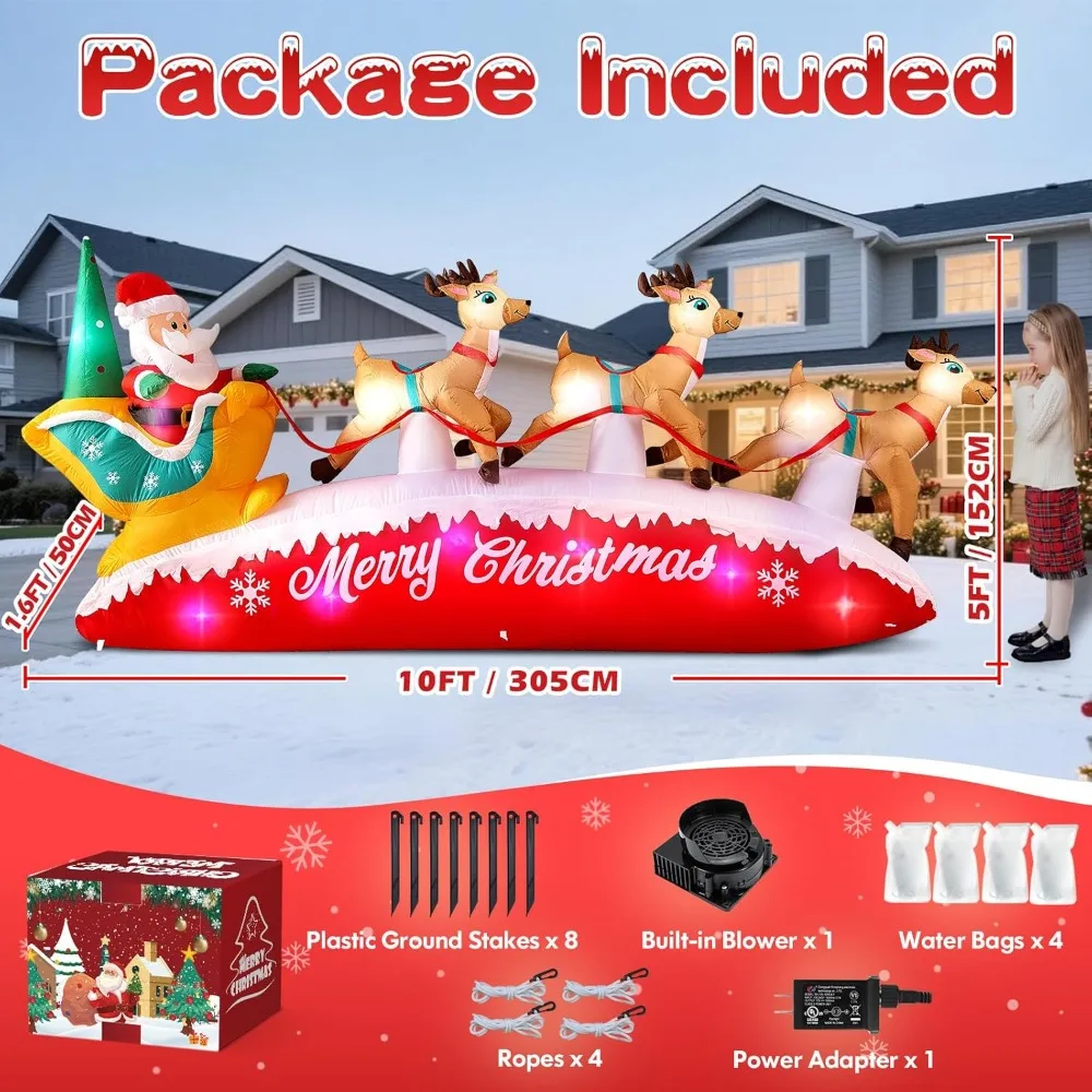 10FT طويلة عيد الميلاد المطاطية سانتا كلوز مع مزلقة الرنة الزينة في الهواء الطلق، المدمج في الدورية المصابيح الملونة سانتا ضربة #5