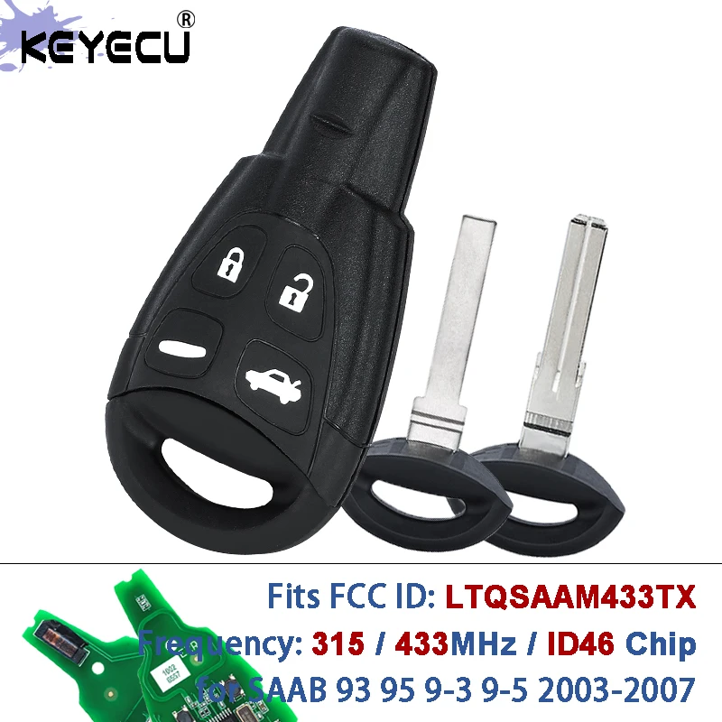 KEYECU LTQSAAM433TX 315MHz / 433MHz PCF7946AT ID46 Chip Llave Inteligente con Control Remoto para SAAB 93 95 9-3 9-5 2003 2004 2005 2006 2007