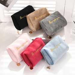 Zipper Velvet Women Cosmetic Bag Travel Large Makeup Bag Solid Color Zipper Lipstick Storage Bags Female Make Up Organizer Pouch