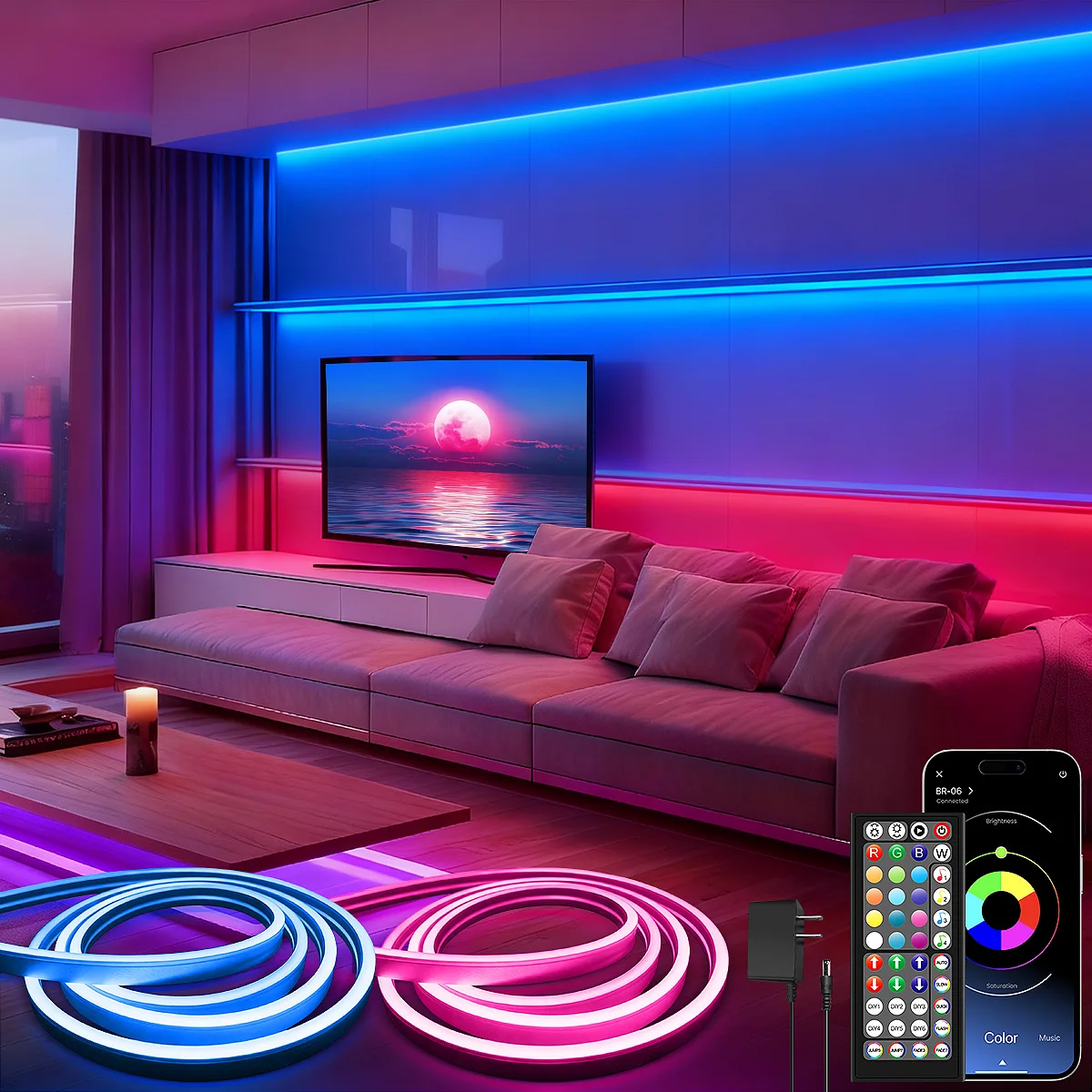 Bande lumineuse néon LED RGB 24V, avec application et télécommande, étanche IP67, lampe à corde de synchronisation de musique Flexible, pour chambre à coucher et extérieur