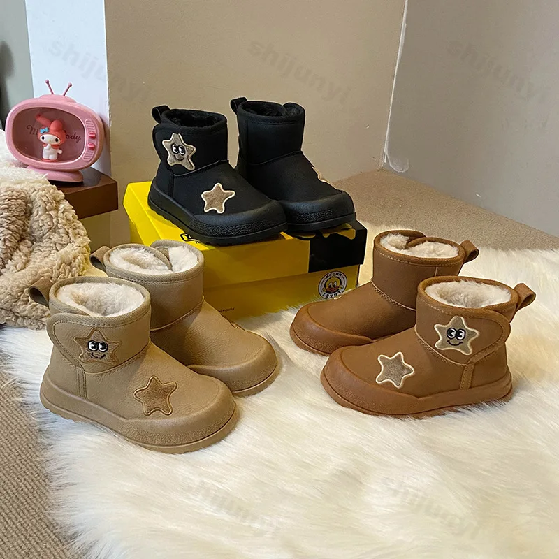 

Детские зимние ботинки, новинка 2024, зимние новые детские ботильоны на платформе для девочек, модные нескользящие теплые короткие ботинки на плюшевом меху для мальчиков с защитой от холода