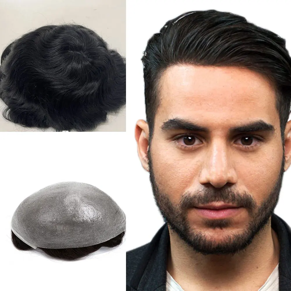 Toupet en Cheveux Humains Européens pour Homme, Postiche en PU, Peau Ultra Mince, Système de Remplacement de Perruque, 10x8 Pouces, 0.06mm