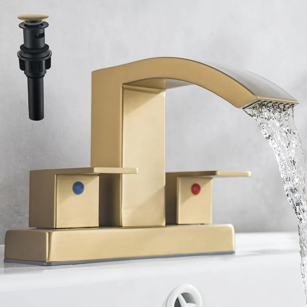 

4 Inch Centerset Sink Faucet with Two Handles and Waterfall Design, Including Popup Drain Stopper for 2 or 3 Hole Bathroom Insta