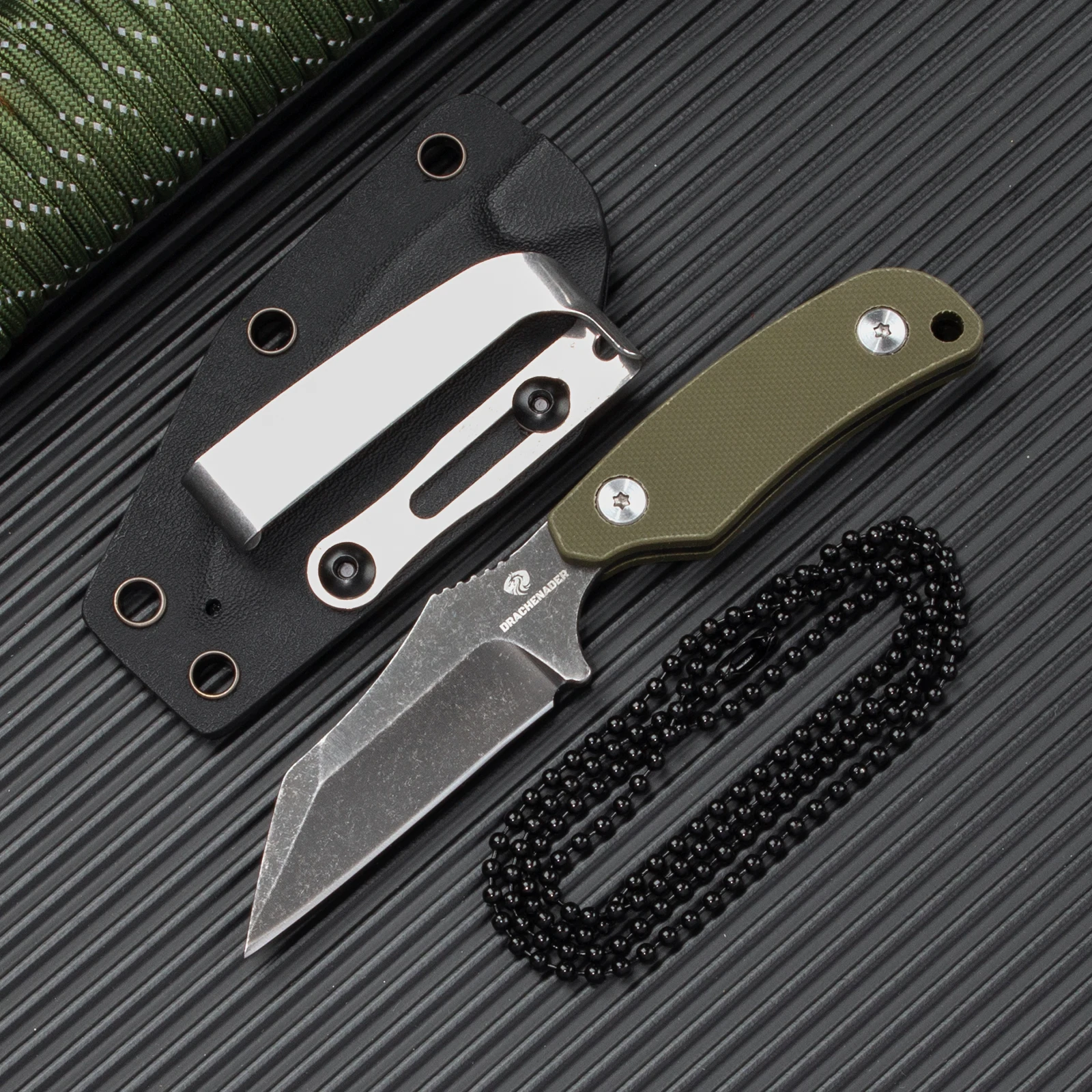 Small Wharncliffe Neck Knife with D2 Steel, Full Tang Blade, Kydex Sheath, G10 Handle, Perfect for EDC, and Tactical Survival