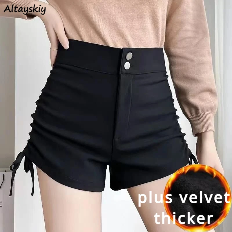 Casual Shots Women High Waist Slim Trousers Plus Velvet Thicker Buttons Drawstring Chic Skin-friendly Solid Ins High Elasticity