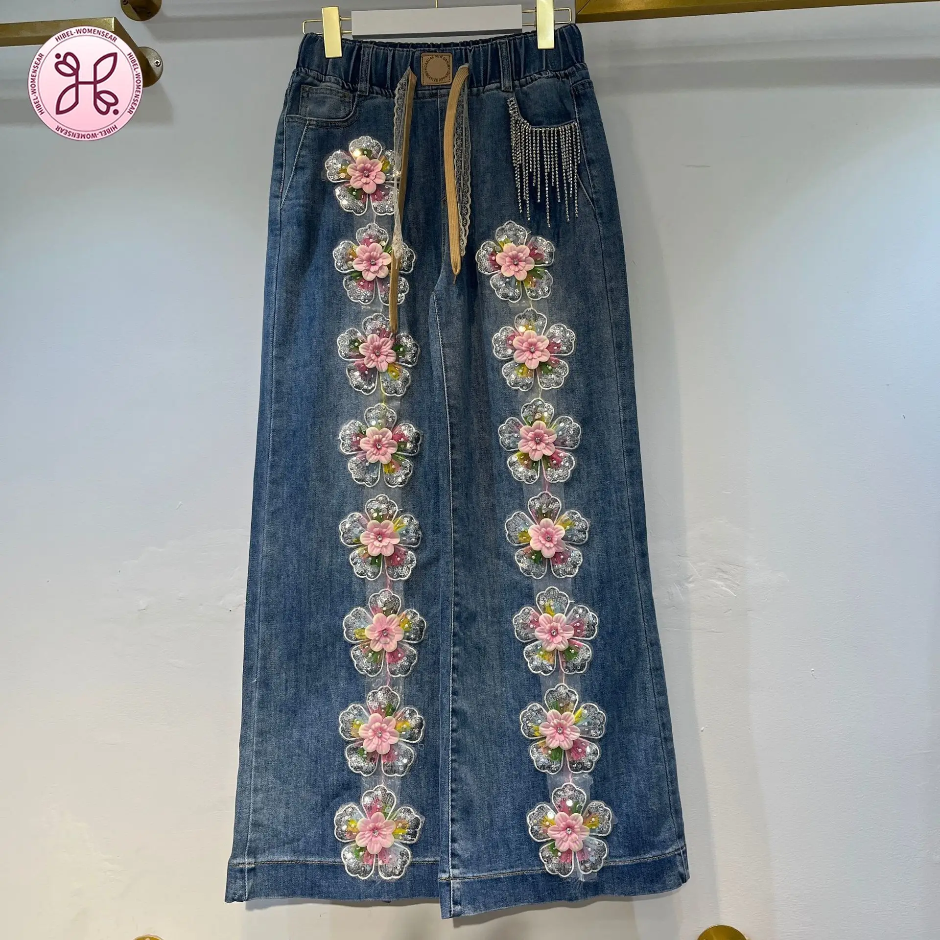 

Heavy 3D Pink Floral Sequin Wide Leg Jeans Women Fringe Pocket Elastic Waist Straight Pants jeans high waisted jeans