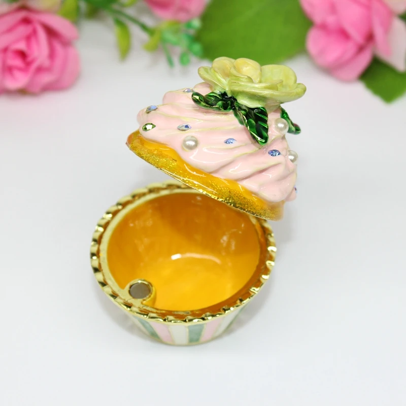 SHINNYGIFTS Cupcake Trinket Box Hand Painted Enamel Unique Home Decor Collectible Jewelry Organizer Mini Ring Earrings Storage