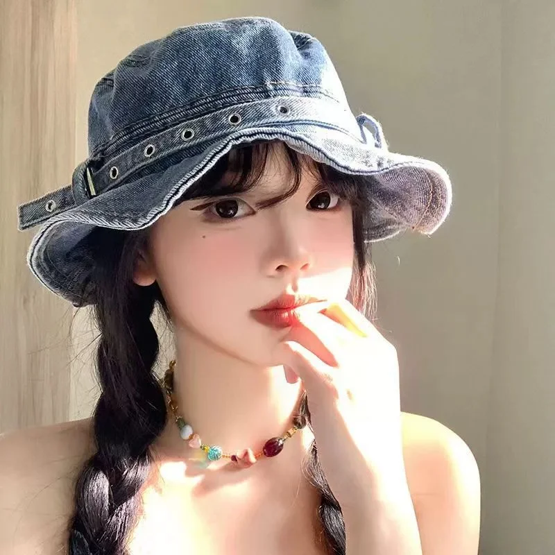 Women's Washed Denim Fisherman's Hat with Western-Style Belt—Flat-Top Sun Hat, Versatile and Stylish for Outings