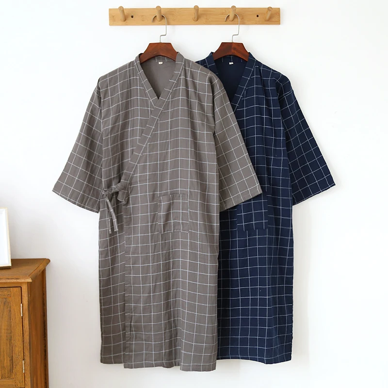 

Japanese Plaid Double-Layer Cotton Yarn Kimono Lace-up Nightgown Men's Spring Cotton Bathrobe Pajamas Moisture-Wicking Clothing