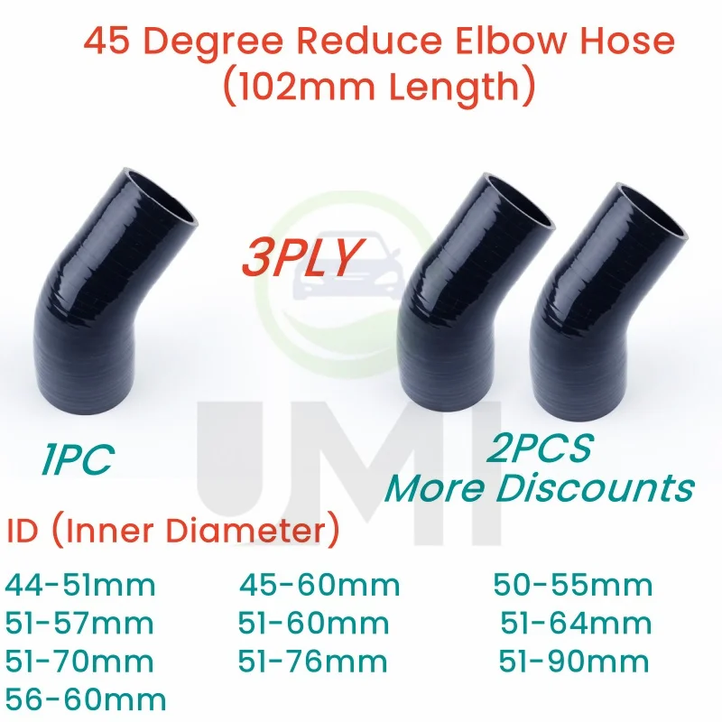 

Gloss Black 45° 45 degree Reduce Elbow Hose Silicone Intercooler ID 44-51 45-60 50-55 51-57 51-60 51-64 51-70 1PC or 2PCS 3PLY